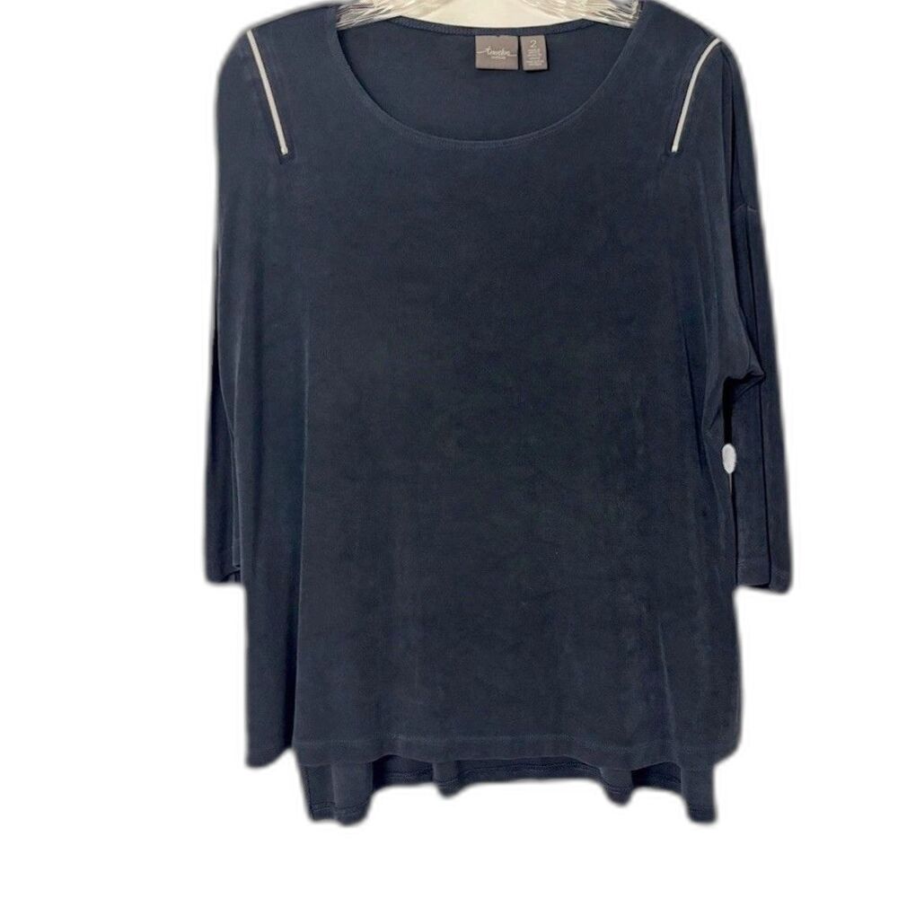 Chico's Travelers Zipper Cold Shoulder Top Blue 3/4 Sleeve  Dark Blue Size 2/ Lg